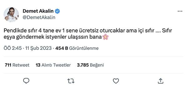 Ünlü şarkıcı, sosyal medya hesabından İstanbul Pendik'de bulunan dört dairesini depremzedelerin kullanımına açacağını duyurarak ekledi: