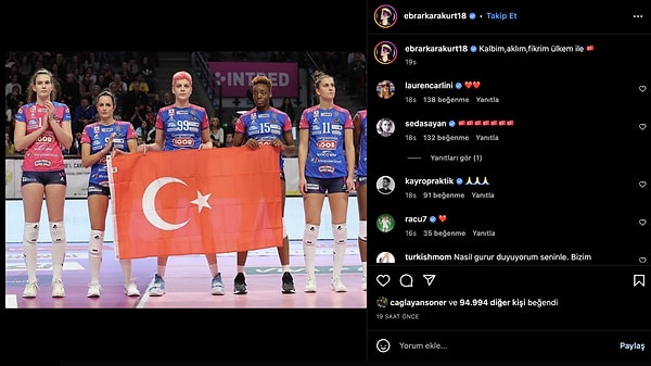 Ebrar, Instagram'dan paylaştığı gönderide; “Kalbim, aklım, fikrim ülkem ile 🇹🇷 ” notunu düştü.