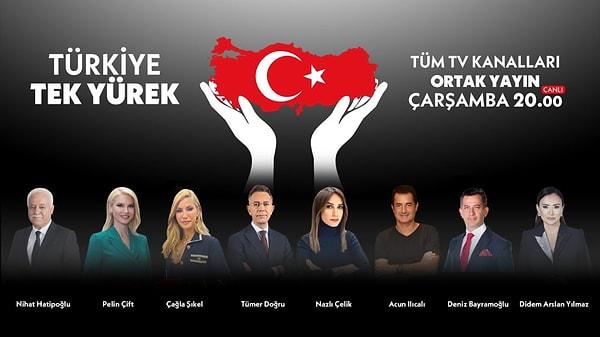 Bu akşam saat 20:00 itibariyle başlayıp sabaha kadar sürecek olan 'Türkiye Tek Yürek' ortak yayını tüm TV kanallarında aynı anda gösterilecek.