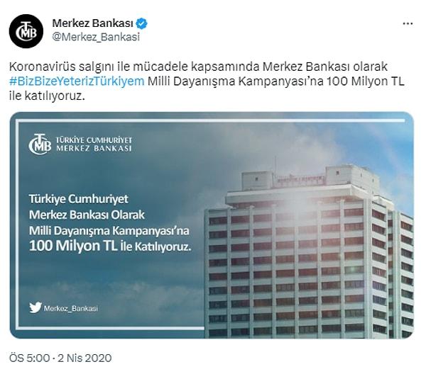 Merkez Bankası, 2020 yılında pandeminin etkilerinin hafifletilmesine yönelik yapılan #BizBizeYeterizTürkiye kampanyasına 100 milyon TL bağışla katıldığını sosyal medya hesabında açıklarken, basın duyuruları içinde böyle bir veriye rastlanmıyor.