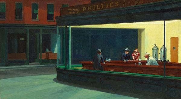 14. "Gece Kuşları" adlı Edward Hopper tablosu, bir kafe gecesi sahnesini tasvir ederken, garip bir şekilde hiçbir kapı veya giriş göstermez.