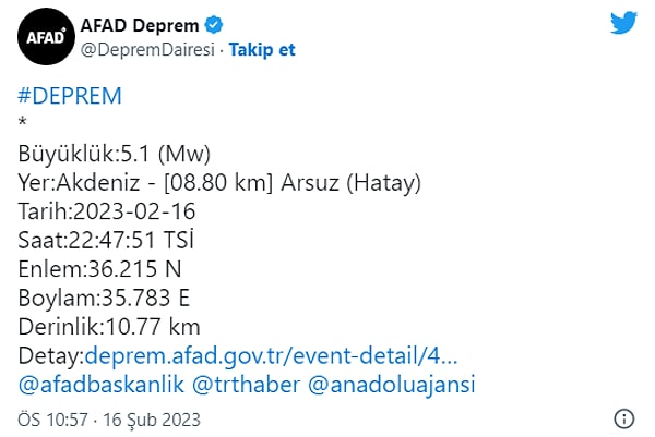 10 kentte büyük yıkıma sebep olan depremlerin ardından bölgede artçı sarsıntılar devam ediyor. Saat 22:47'te Arsuz açıkları Akdeniz merkezli 5.1 büyüklüğünde deprem meydana geldi.