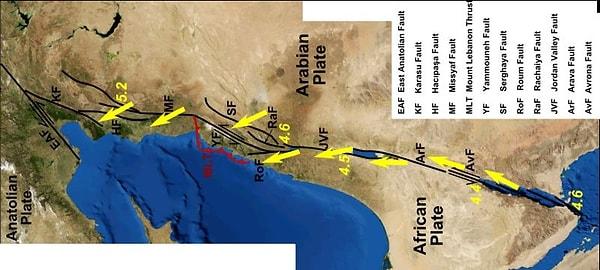 Görselde görüldüğü üzere deprem Afrika levhası, Arap levhası ve Doğu Anadolu fay hattı arasında kalan noktada meydana gelmiştir. Ölü Deniz fay zonu aşağıdaki görselde verildiği gibidir;