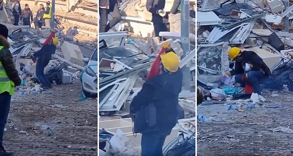 O görüntülerden birinde depremde hayatını kaybeden çocuğunun enkaz altından çıkan kıyafetlerini koklayan bir babanın feryat ettiği anlar görülüyor.