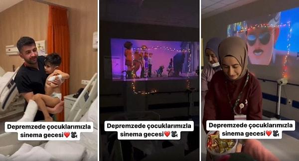 Sosyal medyada paylaşılan bir görüntüde, depremzede çocukları bir araya toplayan sağlık çalışanlarının hastanede düzenledikleri sinema gecesinden anlar görülüyor.