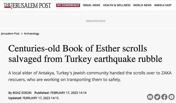 The Jerusalem Post’un Ynet’den aktardığı habere göre; ülkemizde ismi açıklanmayan yaşlı bir adam, asırlık Ester parşömenlerini güvenli bir yere taşımaları için ZAKA arama kurtarma ekibine teslim etti.
