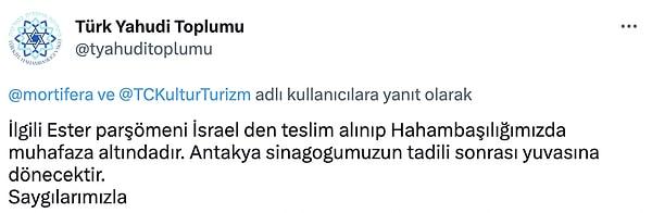 Türk Yahudi Toplumu Twitter hesabından ise konu hakkında bir açıklama geldi: