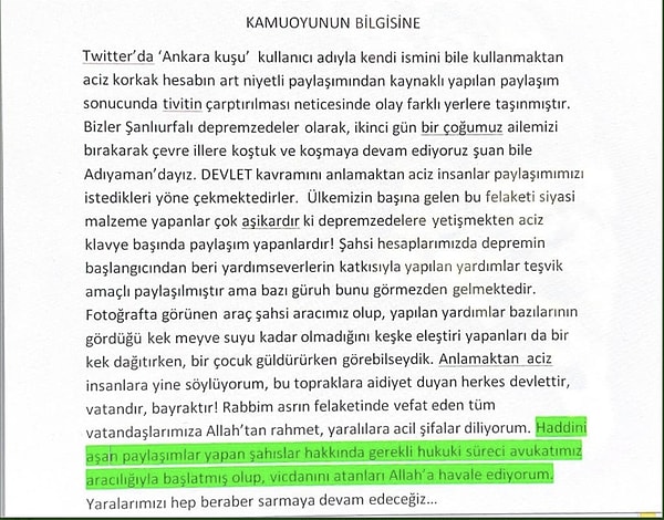 Tepkiler üzerine AK Partili Kübra Dörtkardeş 'Kamuoyunun bilgisine' başlıklı bir metin paylaştı. Metinde ''Haddini aşan paylaşımlar yapan şahıslar hakkında gerekli hukuki süreci avukatımız aracılığıyla başlatmış olup, vicdanını atanları Allah'a havale ediyorum.' ifadeleri yer alırken bir süre sonra bu paylaşım da kaldırıldı.