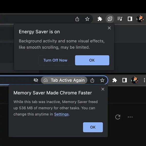 Enerji tasarrufu modunda Google Chrome size iki seçenek sunuyor.