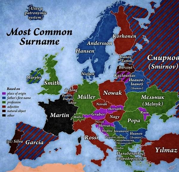 15. Ve son olarak, "Avrupa ülkelerindeki en yaygın soyisimler"