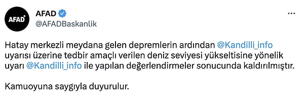 Son olarak ise AFAD, tsunamini uyarısını kaldırdığını paylaştı.