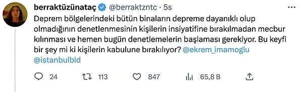 Ekrem İmamoğlu'na sitemde bulunan Tüzünataç, sosyal medya üzerinden yaptığı paylaşımlarında uygulamanın kişilerin insiyatifine bırakılmaması gerektiğini söyledi.