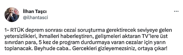 RTÜK Üyesi İlhan Taşçı'nın belirttiğine göre, bu kanallara üst sınırdan para ve 5 kez program durdurmaya varan cezalar, toplantının gündemini oluşturacak.