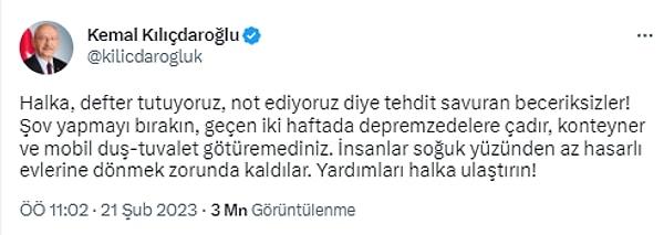 CHP Lideri Kemal Kılıçdaroğlu, Kahramanmaraş merkezli deprem felaketi üzerinden haftalar geçmesi sonrası bölgede yaşanan sert sarsıntılarda dün bazı kişilerin çadır eksikliğinden hasarlı evlere girmesini yaptığı bir paylaşımla eleştirmişti.