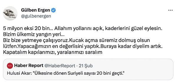 Hulusi Akar'ın açıklamasına kayıtsız kalmayan Gülben Ergen ise sosyal medya hesabından konuyla ilgili paylaşım yaptı: