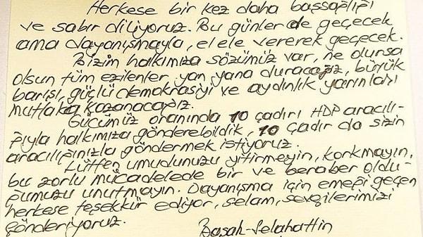Başak Demirtaş'ın Twitter'dan yayınladığı, Halk TV'nin de yayınladığı notta şu ifadeler yer aldı: