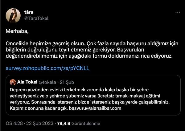 Ala Tokel'in kız kardeşi Tara Tokel'de başvuruların değerlendirilebilmesi açısından doldurulacak linki kendi Twitter hesabı üzerinden paylaştı.
