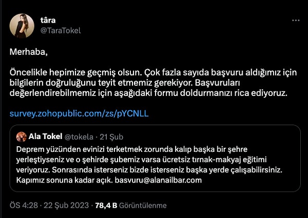 Ala Tokel'in kız kardeşi Tara Tokel'de başvuruların değerlendirilebilmesi açısından doldurulacak linki kendi Twitter hesabı üzerinden paylaştı.