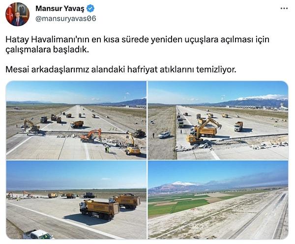 Hatay Havalimanı'nın hasar gören pisti de Ankara Belediyesi taradından onarıldı.