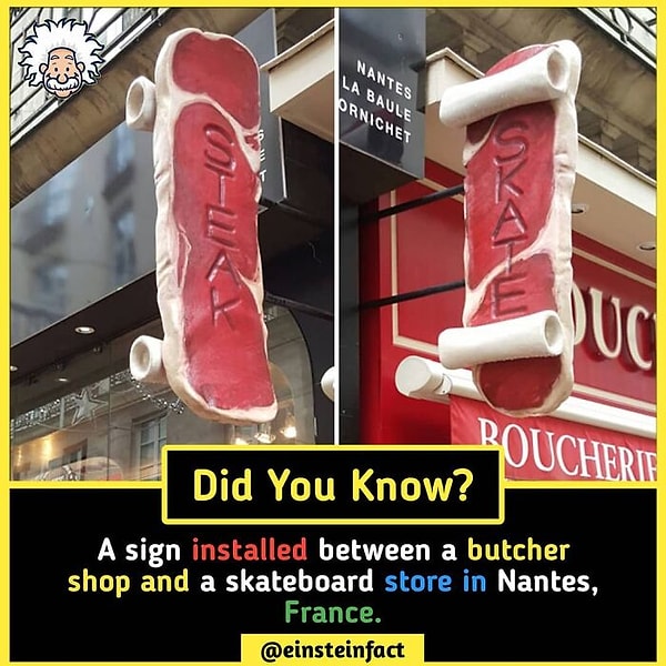 6. Общая вывеска для мясной лавки с одной стороны и магазина скейтбордов с другой в Нант, Франция