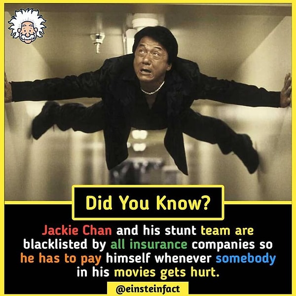 12. Джеки Чан и вся его команда каскадеров находятся в черном списке всех страховых компаний мира. Поэтому каждый раз, в случае получения травмы им или члена его команды, ему приходится платить полную стоимость медицинского обслуживания.