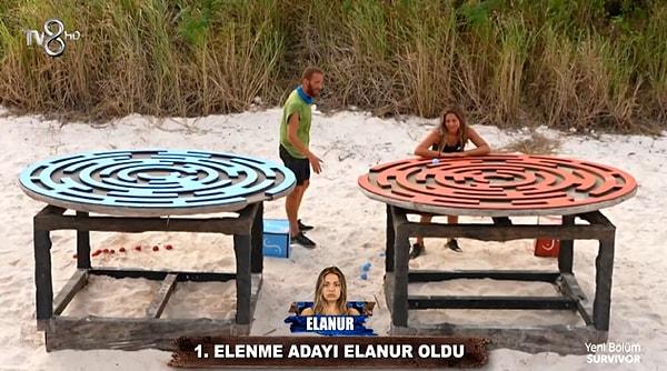 Survivor'da büyük deprem felaketi sebebiyle ara verilen çekimlere yeniden başlanılmasının ardından, Elanur ve Aziz arasında eleme adaylığından kurtulma oyunu oynandı, böylece ilk eleme adayı Elanur olmuş oldu.