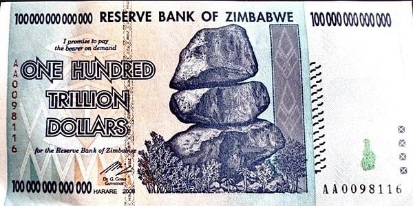 7. Zimbabwe'den 100 trilyon dolarlık bir banknot👇