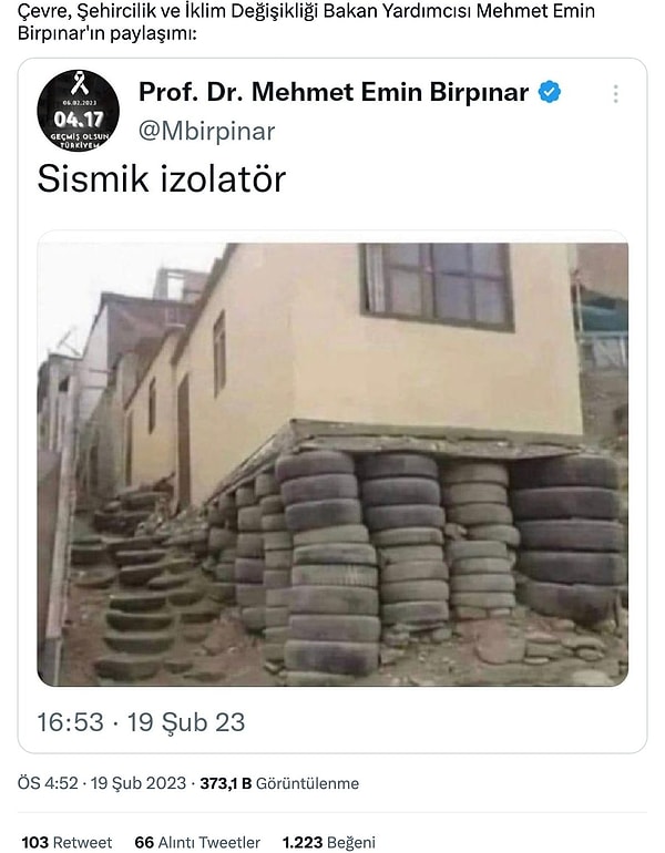 İddia: Bakan yardımcısı Birpınar "sismik izolatör" paylaşımı yaptı.