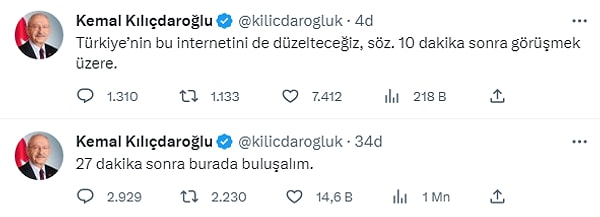 CHP Genel Başkanı saat 23:00'te açıklama yapmak üzere herkesi twitter'da buluşmaya davet etti ama internet sorunu nedeniyle paylaşım yapamadı.