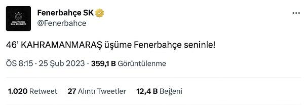 Fenerbahçe'nin resmi Twitter hesabından karşılaşmanın dakikalarında depremden etkilenen illerin plaka kodlarına göre paylaşım yapıldı.