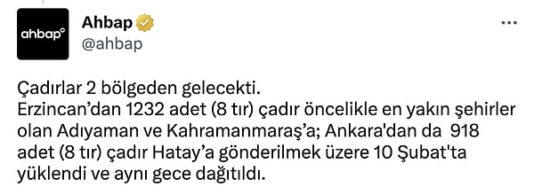 Erzincan ve Ankara'dan yola çıkan çadırlar öncelik olarak yakın şehirlere dağıtılmış.