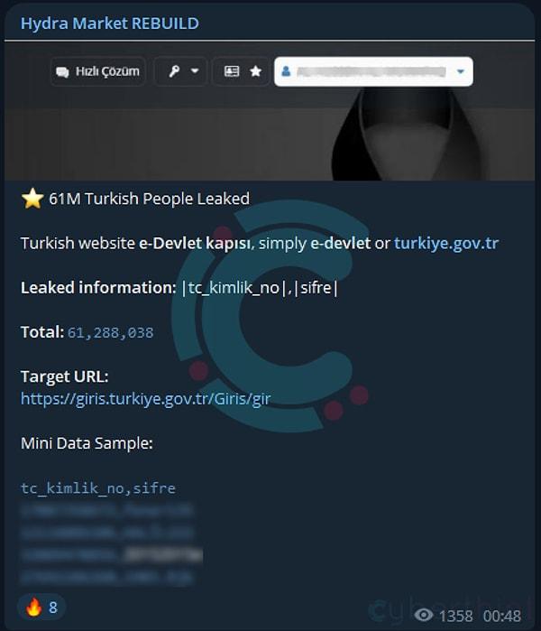 Unified Cyber Threat Intelligence Platform (Birleşik Siber Tehdit İstihbarat Platformu), Hydra Market rumuzlu bir Dark Web kullanıcısının 'Türkiye'de 61 milyon vatandaşın e-Devlet bilgisi çalındı' iddiasına yer verdi.