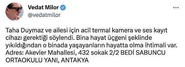 Tüm Türkiye tek yürek olmuş enkaz altında kalan vatandaşlarımız için yardım çığlıkları atıyorduk. Bu çığlıklardan birisini de Taha için attık fakat başarılı olamadık.