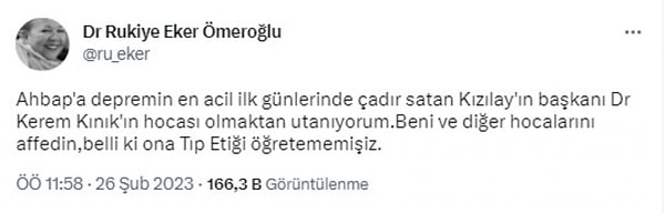 Prof. Dr. Rukiye Eker Ömeroğlu, sosyal medya hesabından yaptığı paylaşımda Kızılay Başkanı Kerem Kınık'ın hocası olmaktan utandığını belirterek özür diledi.