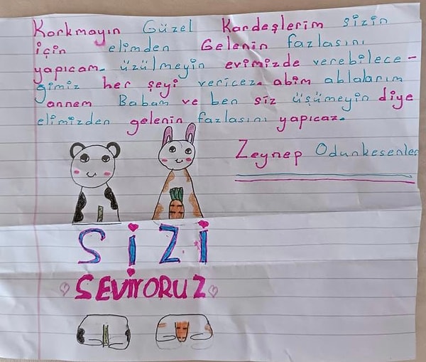 Yardım gönderen Zeynep'in paylaşımı da hepimizi duygulandıran anlardan bir tanesi oldu.