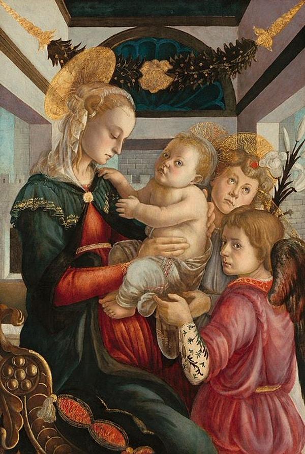 Botticelli'nin ünlü olduğu bir diğer konu da Meryem ve bebek İsa resimleriydi. Bu tablolarda onun pastel tonlara, gösterişli kumaşlara ve çiçeklere olan sevgisini net bir şekilde görebiliyoruz.