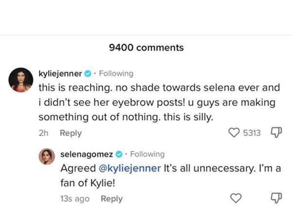 Sonrasında da Selena Gomez, 'Katılıyorum. Hepsi gereksiz. Ben Kylie'nin hayranıyım' açıklamalarında bulundu.