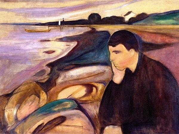 Munch returned to Kristiania from Paris and created 'Melancholy' in 1891. Although clearly influenced by Gaugin and Van Gogh, Munch did much more than combine the styles of these two painters. Something completely new... The world of his art was purely psychological.
