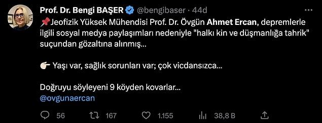 Prof. Dr. Bengi Başer, Ercan'ın yaşına ve sağlık durumuna dikkat çekti.