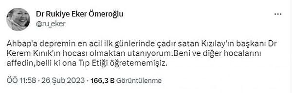 Dr. Rukiye Eker Ömeroğlu, "Kerem Kınık'ın hocası olmaktan utandığını" söyledi.