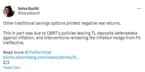 Baziki, enflasyon karşısında eriyen geleneksel yatırım araçları için de TCMB'nin TL'yi enflasyona karşı savunmasız bırakan politikaları ve döviz kuruna müdahalelerini işaret etti.