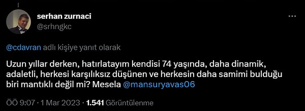 Kendisini destekleyenler, fikrine katılmayanlar ve yeni bir bakış açısıyla yaklaşanlar yorumlara doluştu. Kimileri Mansur Yavaş'ın aday olması gerektiği konusunda çıkarımlar yaptı.