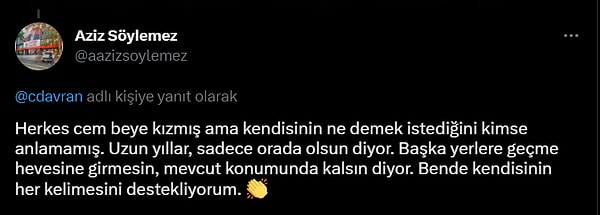 Eleştirilere karşı ünlü oyuncunun yazdıklarının yanlış anlaşıldığını savunanlar ve yazılan Tweetin alt anlamını çıkaranlar Davran adına açıklamalarda bulundu.