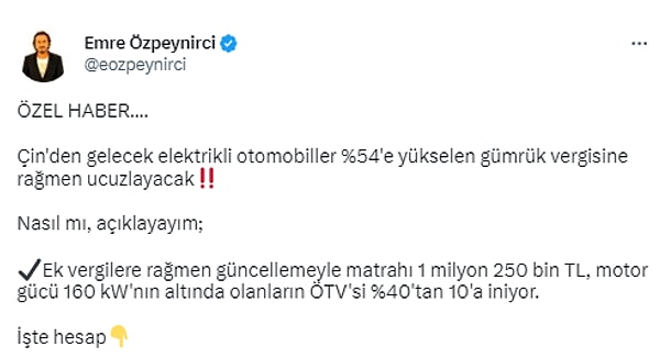 Emre Özpeynirci de değişim üzerinden Togg'un fiyatına işaret ederek, "3 aşağı 5 yukarı belli oldu" dedi. Çin'den gelecek araçlar için de ucuzlama iddiasında bulundu.