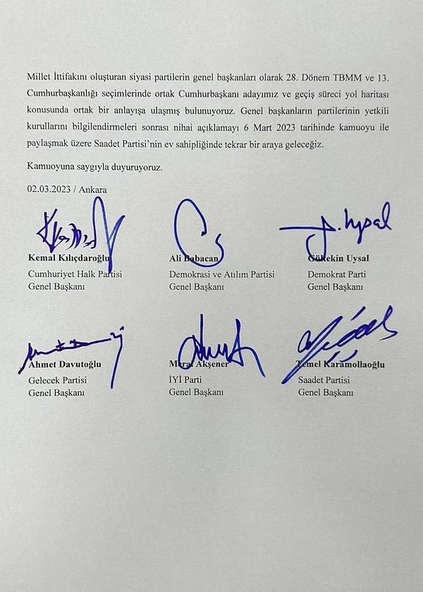 Millet İttifakı'nın Cumhurbaşkanı Adayı için fikir birliğine varan liderler, toplantının ardından adayın 6 Mart pazartesi günü açıklanacağını belirtti.