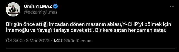 “Bir gün önce attığı imzadan dönen masanın ablası, Y-CHP'yi bölmek için İmamoğlu ve Yavaş'ı tarlaya davet etti. Bir kere satan her zaman satar.”