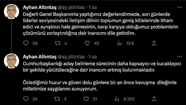 Saat: 06:13 - Ayhan Altıntaş, Meral Akşener ile "liderler seviyesindeki iletişim dili" üzerine uzlaşı sağladıklarını belirtti. Ayrıca Altıntaş, cumhurbaşkanlığı aday belirleme süreci konusunda da inancının güçlendiğini açıkladı.