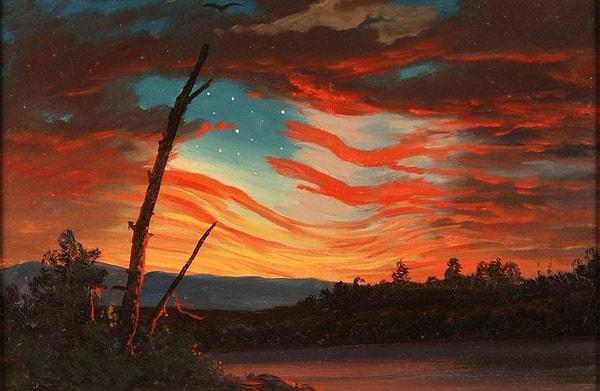 Yaptığı resimlerde bazen semboller de beliriyordu. Örneğin bu eserinde gökyüzünün muhteşem renkleri arasında gördüğümüz aslen bir Amerikan bayrağı.