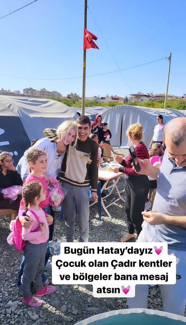 Aleyna Tilki deprem bölgesi Hatay'a gittiği anları sosyal medyada paylaşarak çocuk olan çadır kentlerin ve bölgelerin kendisine ulaşmasını istedi.