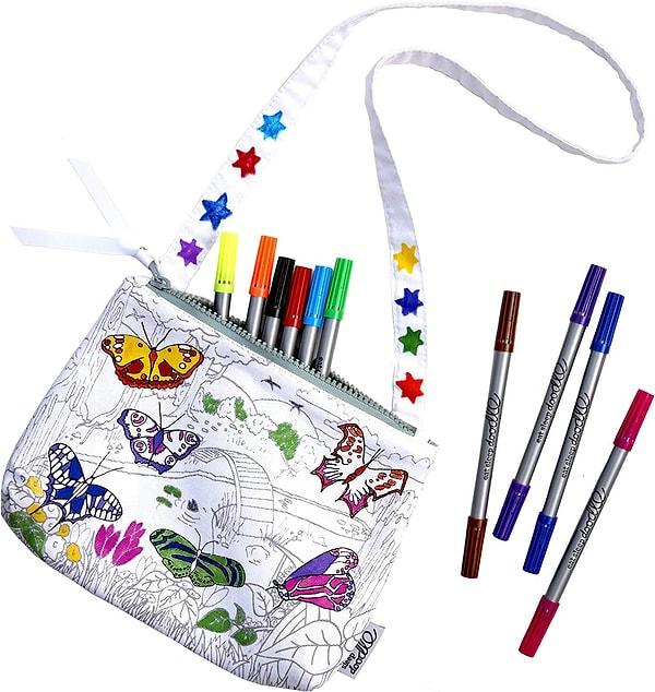13. Kelebek desenli bu çantayı çocuğunuz istediği gibi boyayarak yanında gururla gezdirebilir.